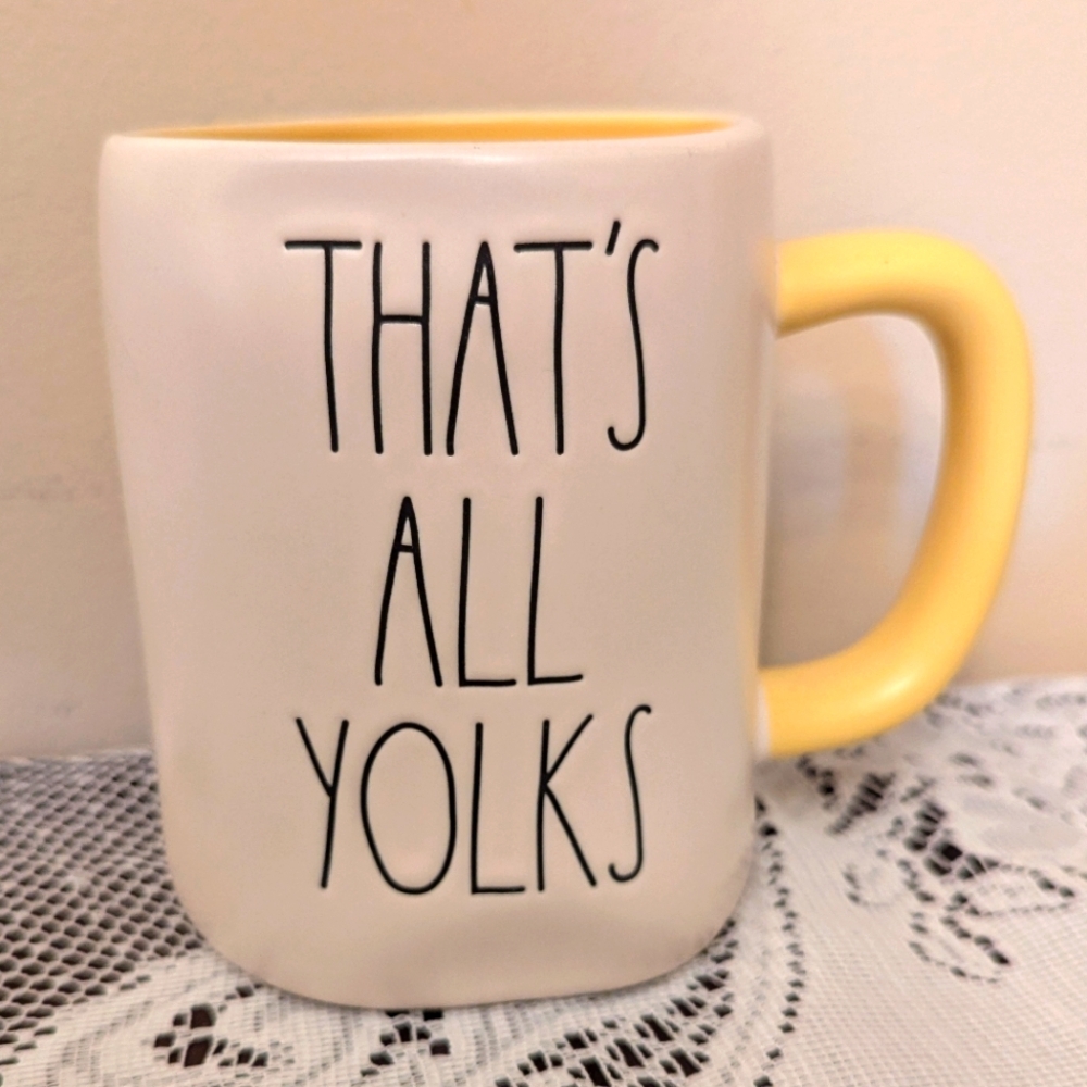 Rae Dunn Seasonal Yellow and White Mug - "That's All Yolks"